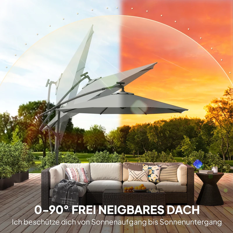 Outsunny Ampelschirm LED Solar ca. Ø300 cm Drehbar Sonnenschirm mit Kurbel Ständer Schutzhülle Hellgrau