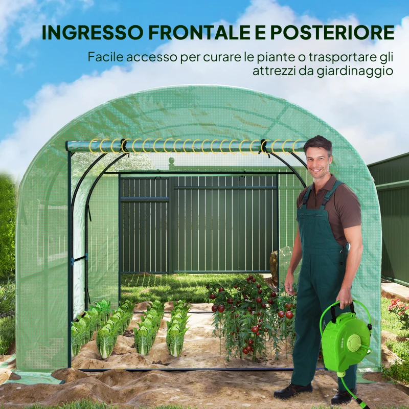 Outsunny Serra a Tunnel per Orto 3x3x2 m in Acciaio e PE Anti UV con Porte Avvolgibili e Finestre, Verde