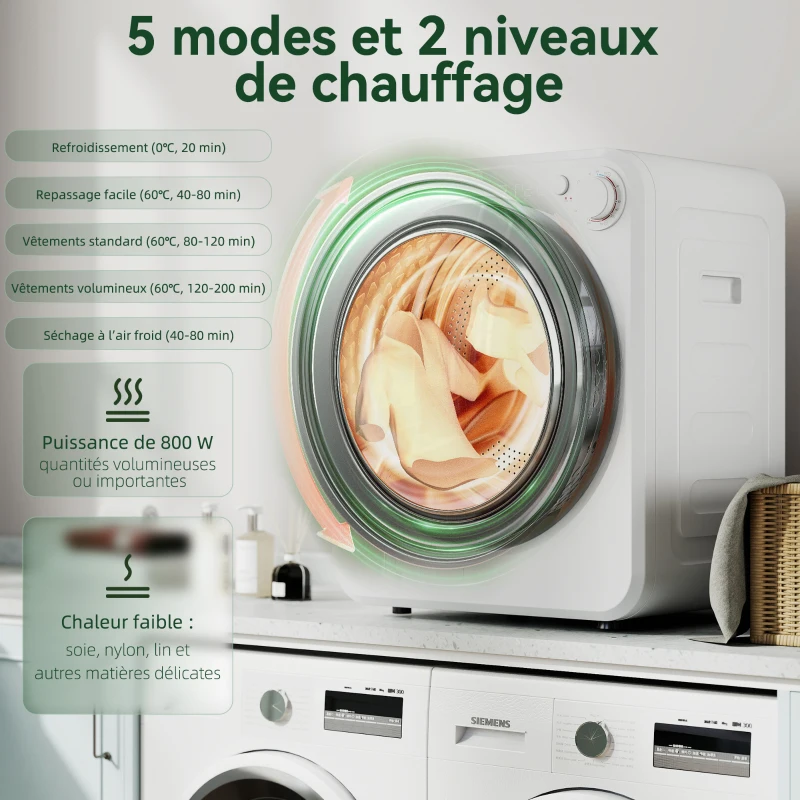 HOMCOM Sèche-linge à évacuation portable 2,5 Kg, sèche-linge électrique 400/800 W, 5 modes de séchage, 48 x 44 x 57 cm, blanc(m-4)