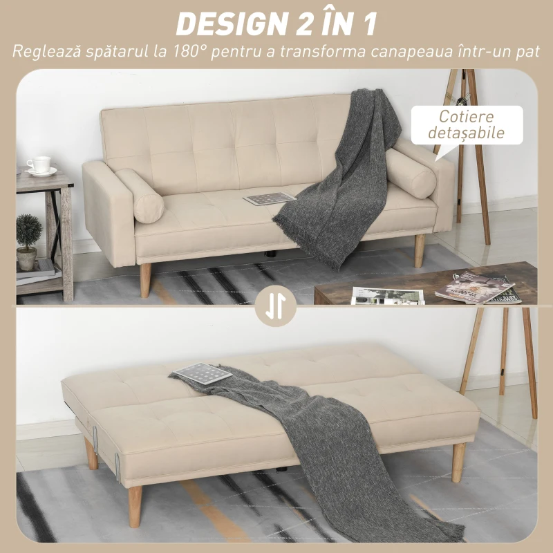 Homcom Canapea Extensibilă 2‑în‑1, 3 Locuri, Material Din In și 2 Perne Detașabile, Bej(m-4)