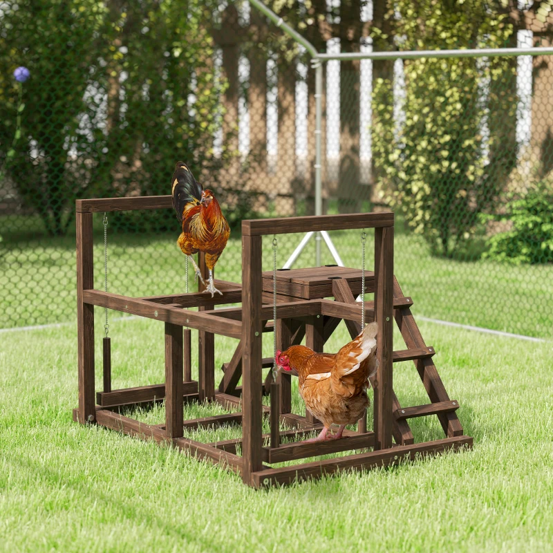 PawHut Aire de jeux en bois, Perchoir en bois pour poule, avec balançoire, échelle, plateformes, 82 x 60 x 55 cm, marron