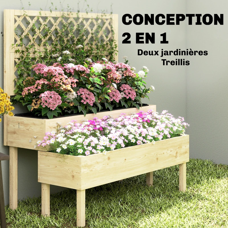 Outsunny Jardinière à 2 Niveaux avec Treillis, bac à fleurs, avec tissu non tissé, 108 x 62 x 120 cm, effet bois naturelle