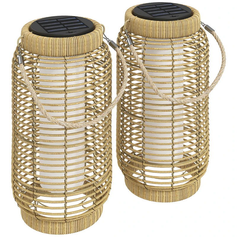 Outsunny Set de 2 Lampadare Exterioare Solare din Rășină Împletită, Lumină LED de Grădină din Oțel, Pornire/Oprire Automată Bej nisip