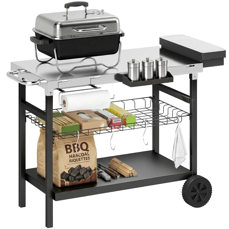 Outsunny Garten-Servierwagen mit 3 Ebenen, Edelstahl-Arbeitsfläche, Räder, Haken, abnehmbarer Korb, seitlicher Griff, 114x61x81cm, Schwarz
