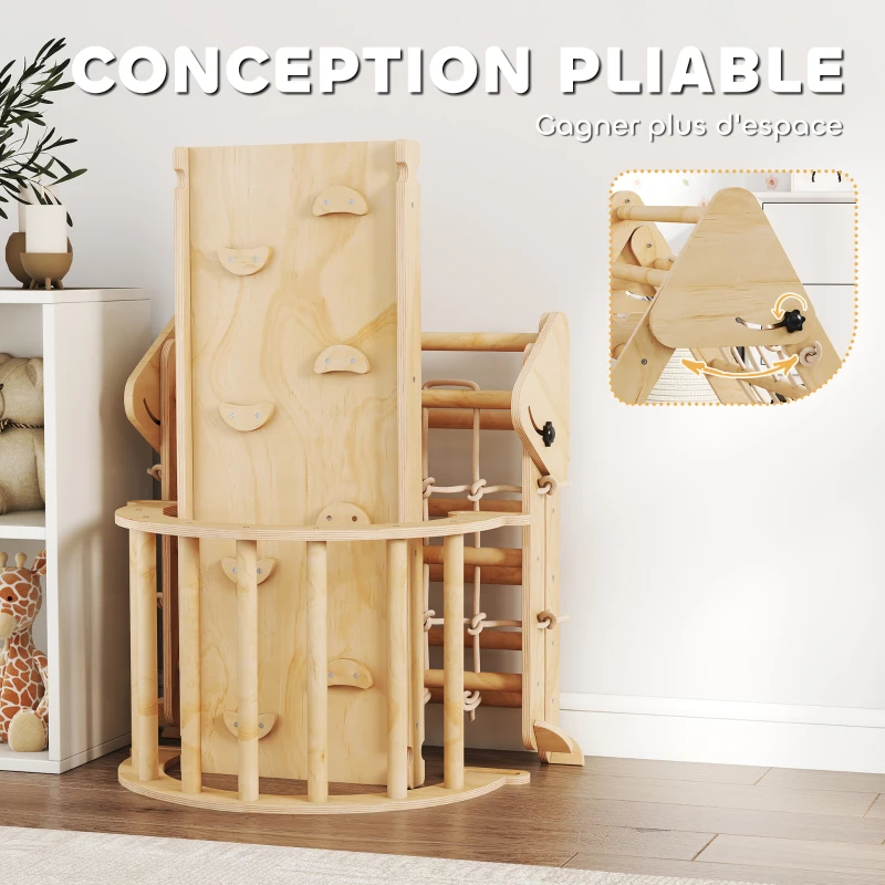 AIYAPLAY Triangle d'escalade enfants 8 en 1 avec rampe double face, arc d'escalade en bois avec toboggan & échelle, naturel