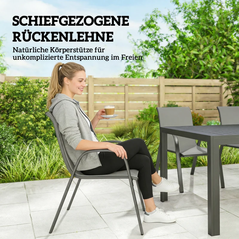 Outsunny Gartenmöbel Set Sitzgruppe 7-teilig Tisch mit 6 Atmungsaktiven Stapelstühlen Lamelldesign Hellgrau