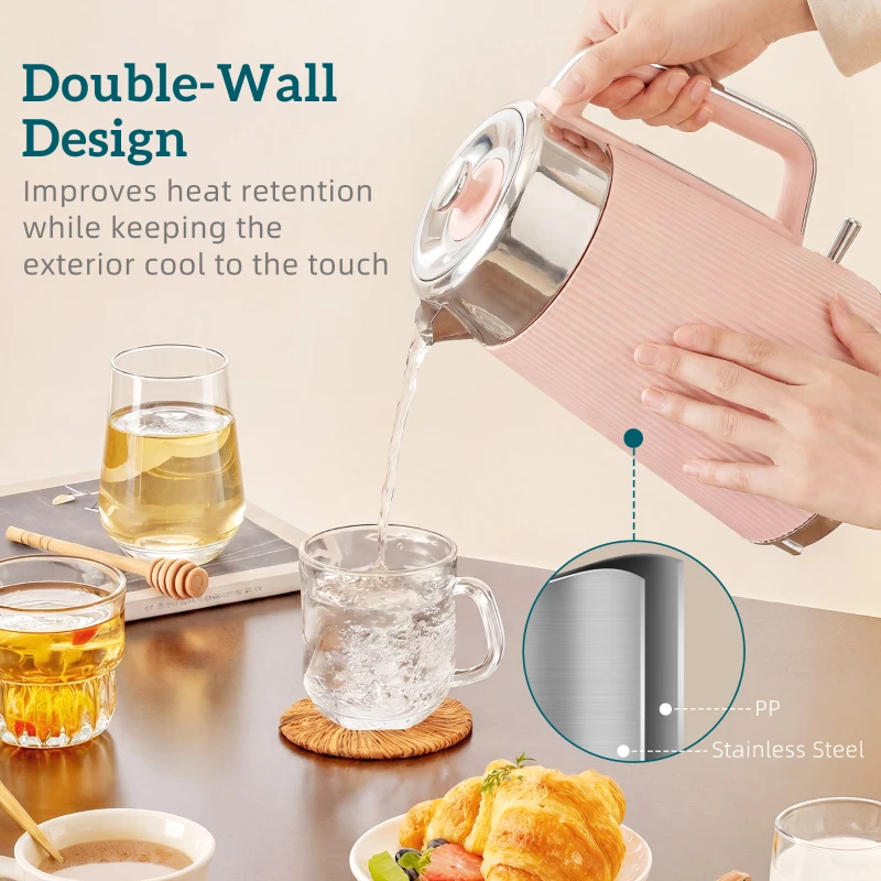 HOMCOM Electric Stainless Steel Kettle and Toaster Set, 3000W 1.7L UK Strix Thermostat Fast Boil Kettle Pink