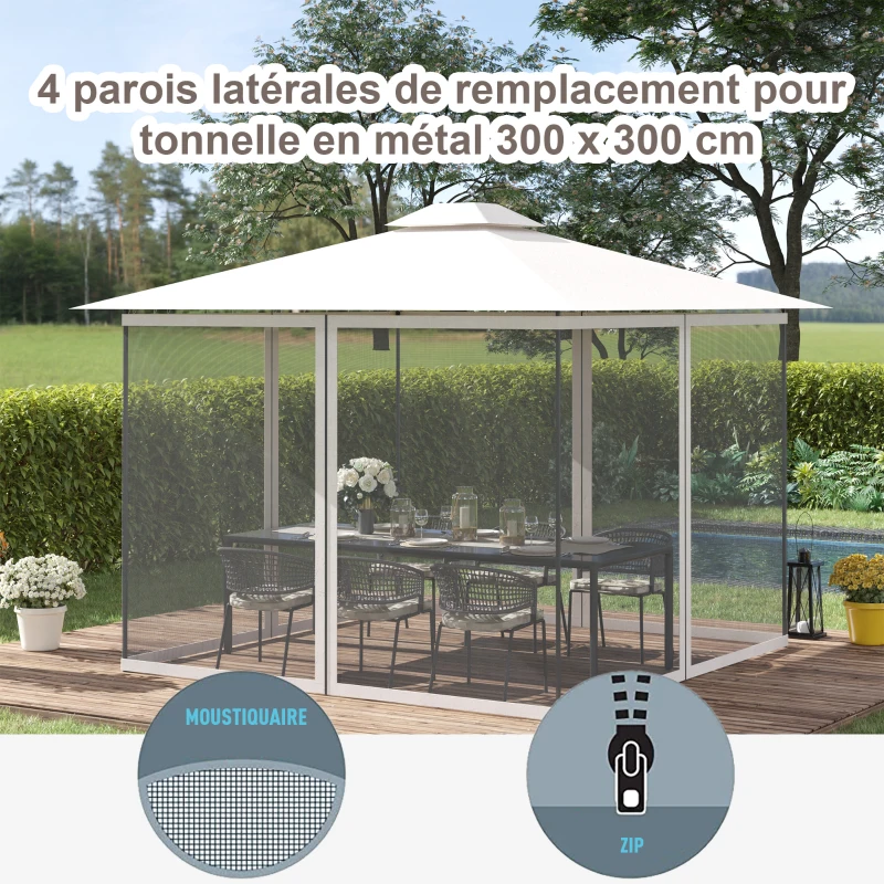 Outsunny Moustiquaires pour barnum de jardin 3 x 3 m - lot de 4 moustiquaires zippées + crochets d'attaches - polyester nylon