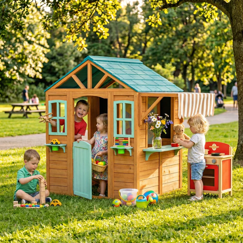 AIYAPLAY Casetta da Giardino per Bambini Finestra, Snack Bar, Mezza Porta, Portavasi, Telo Bersaglio, 4 Palline, Lavagna