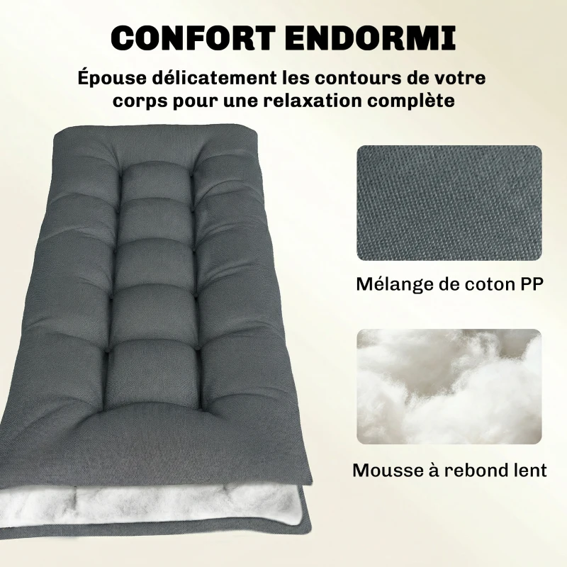 Outsunny Coussin Bain de Soleil Chaise Longue en Mousse à Mémoire avec Sangles, Protection UV50+, 198x65x13cm, Gris foncé