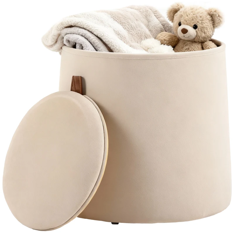 HOMCOM Pouf coffre rangement, pouf repose-pieds en tissu velours givré, couvercle réversible, Ø 44 x 47,5 cm, beige