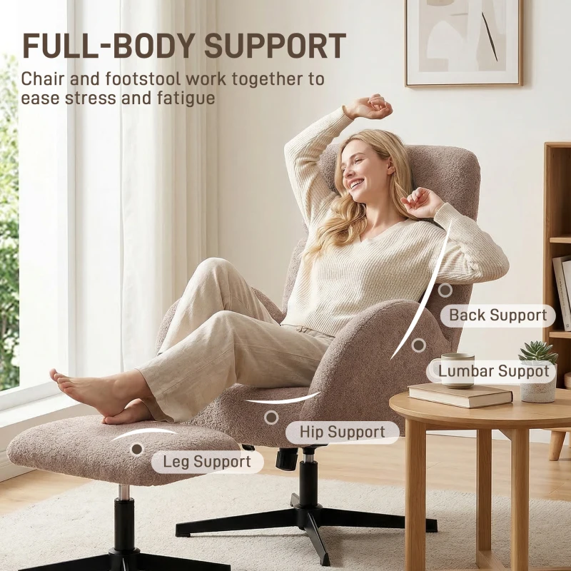 HOMCOM Swivel Armchair and Footstool Set, Height Adjustable Accent Chair with Adjustable Headrest, Rocking Function, Light Brown