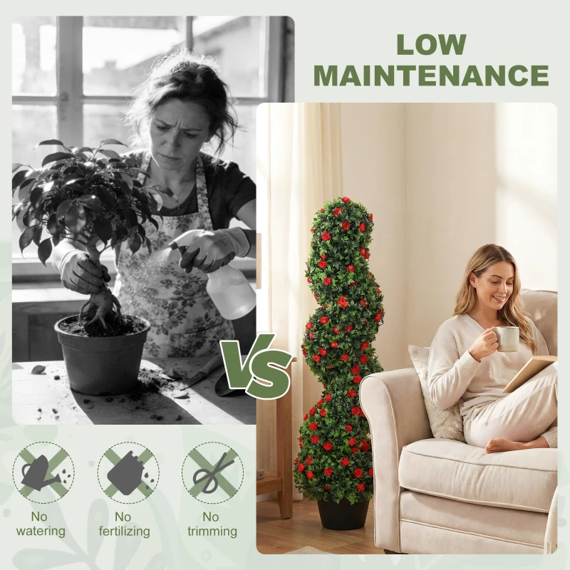 HOMCOM Artificial Rose Spiral Topiary Tree Set of 2, Indoor Outdoor Fake Plants with 630 Leaves, 90cm