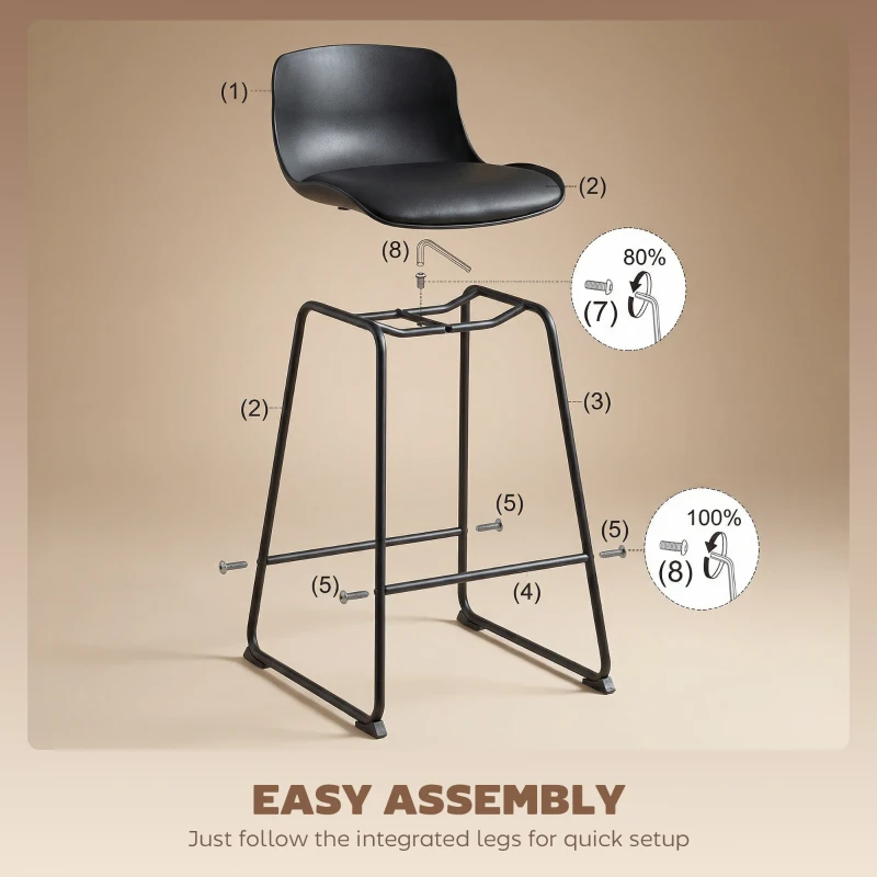 HOMCOM Modern Bar Stools Set of 2, PU Leather Barstools, Counter Height Kitchen Chairs for Breakfast Bars, Dining Room, Black