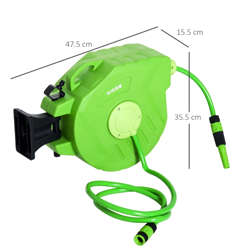 Outsunny 180° Swivel Wall-Mounted Automatic Hose Reel 20 + 2 m with Spray Nozzle and Integrated Wall Bracket, Green