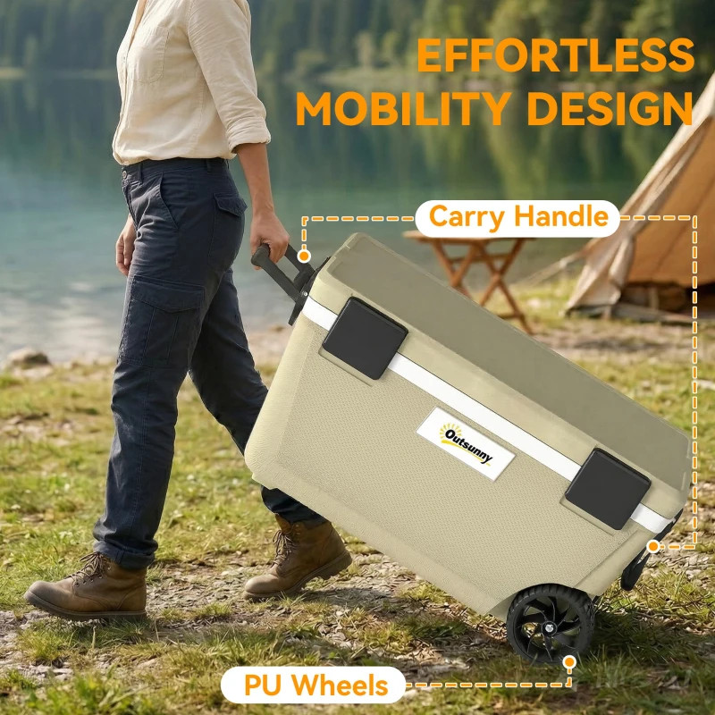 Outsunny 70L Insulated Cool Box with Wheels, Portable Ice Cooler with Handle, Lid and Drain Valve, Khaki