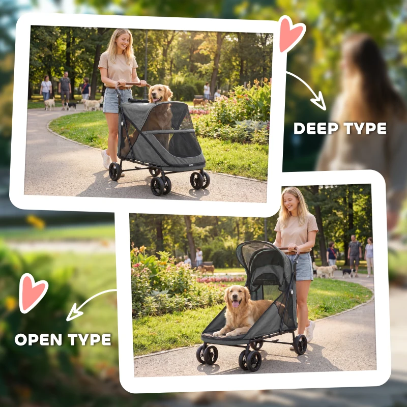 PawHut Poussette pliable pour chiens jusqu'à 30 kg avec roues 360°, fenêtres en filet, coussin, poignée réglable, gris