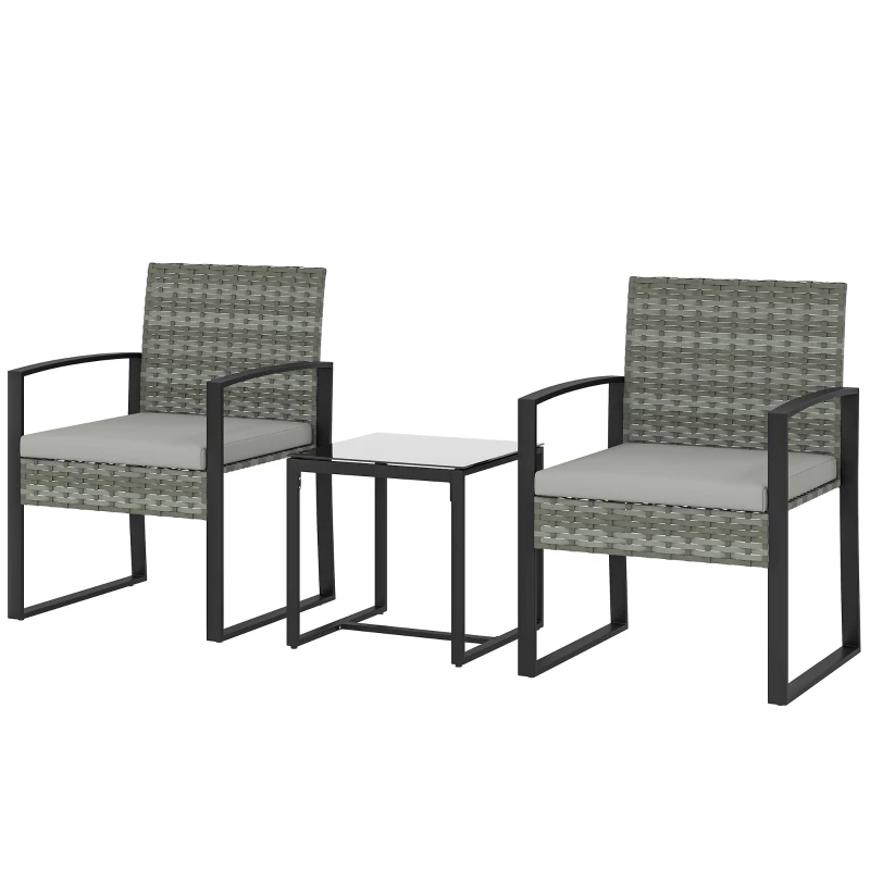 Outsunny Rattan Bistroset, 3 teiliges Gartenmöbel-Set mit 2 Gartenstühlen, Couchtisch, abnehmbar Kissen Hellgrau