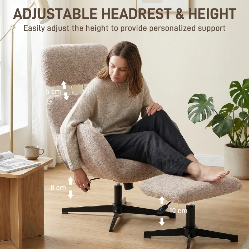 HOMCOM Swivel Armchair and Footstool Set, Height Adjustable Accent Chair with Adjustable Headrest, Rocking Function, Light Brown