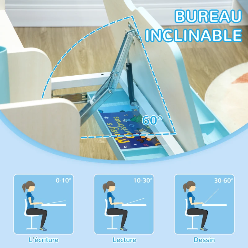 HOMCOM Ensemble bureau et chaise pour enfants hauteur réglable et plateau inclinable 0-60° table 80 x 52 x 88-109 cm bleu