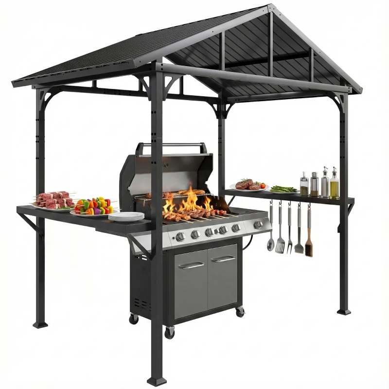 Outsunny Grillpavillon 2,52 x 1,56 m, Wasserdicht Grill Pavillon mit Satteldach Seitenablage Haken Stahlrahmen Schwarz