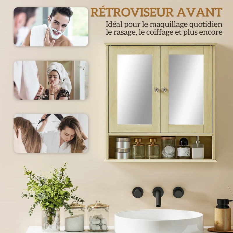 kleankin Armoire murale salle de bain avec miroir, 56 x 13 x 58 cm, meuble salle de bain avec Portes Miroir Doubles Bois Naturel