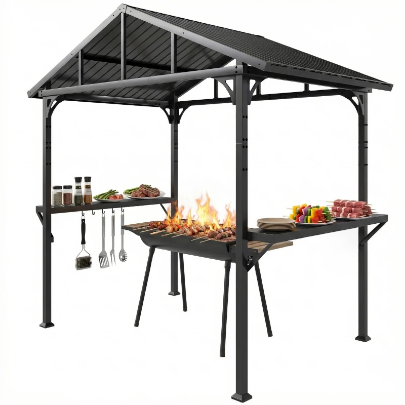 Outsunny Grillpavillon 2,52 x 1,56 m, Wasserdicht Grill Pavillon mit Satteldach Seitenablage Haken Stahlrahmen Schwarz