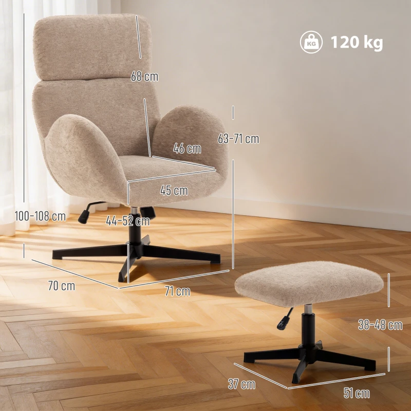 HOMCOM Swivel Armchair and Footstool Set, Height Adjustable Accent Chair with Adjustable Headrest, Rocking Function, Light Brown