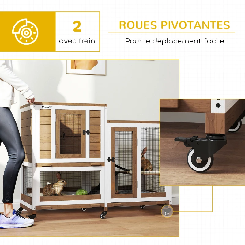 PawHut Clapier lapin intérieur cage lapin en bois design de luxe 3 niveaux avec 3 plateaux amovibles 110 x 50 x 86 cm marron