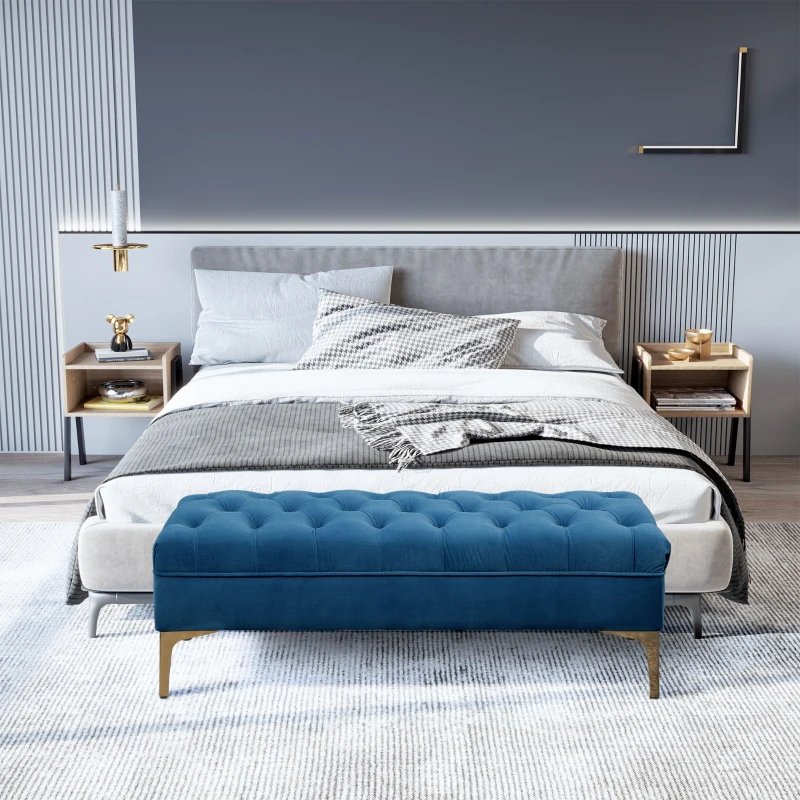 HOMCOM Banc banquette capitonnée bout de lit style classique chic dim. 118L x 45l x 42H cm piètement métal doré velours bleu