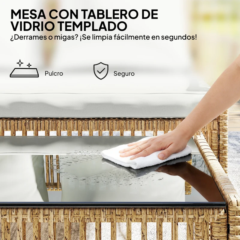 Outsunny Conjunto de Jardín Exterior de Ratán con 1 Sofá de 2 Plazas 1 Sofá Esquinera y 1 Mesa de Centro Tablero de Vidrio Crema