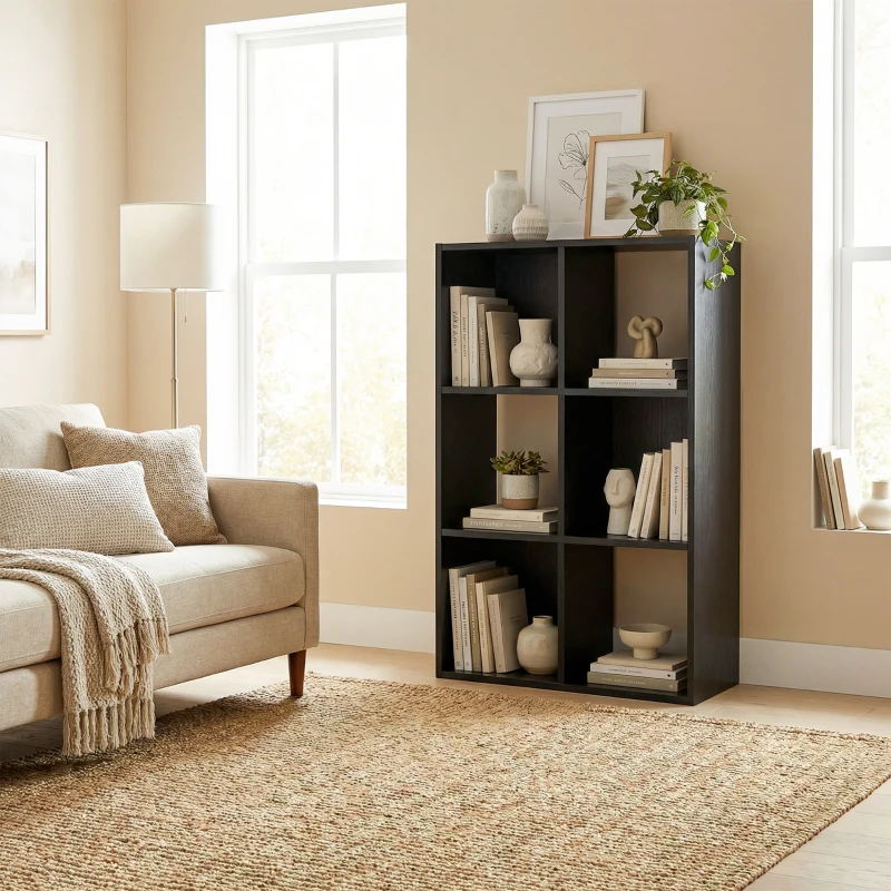 HOMCOM Industrial Style Storage Shelf, Bookcase, Bookshelf with 6 Compartments, for Living Room, Home Study, Black Wood Effect