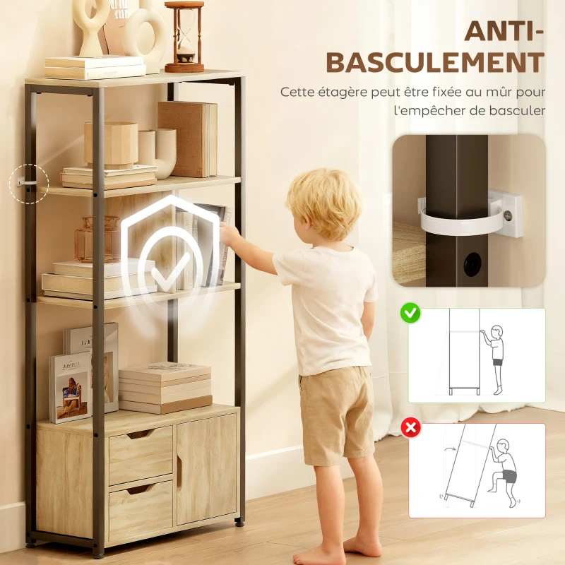 HOMCOM Bibliothèque style industriel 3 étagères placard porte 2 tiroirs 58 x 24 x 122 cm effet bois naturel acier noir