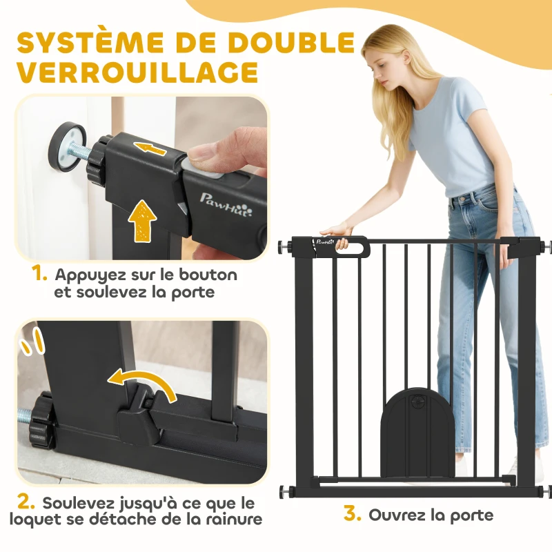PawHut Barrière de sécurité animaux avec porte fermeture automatique système de double verrouillage, acier noir