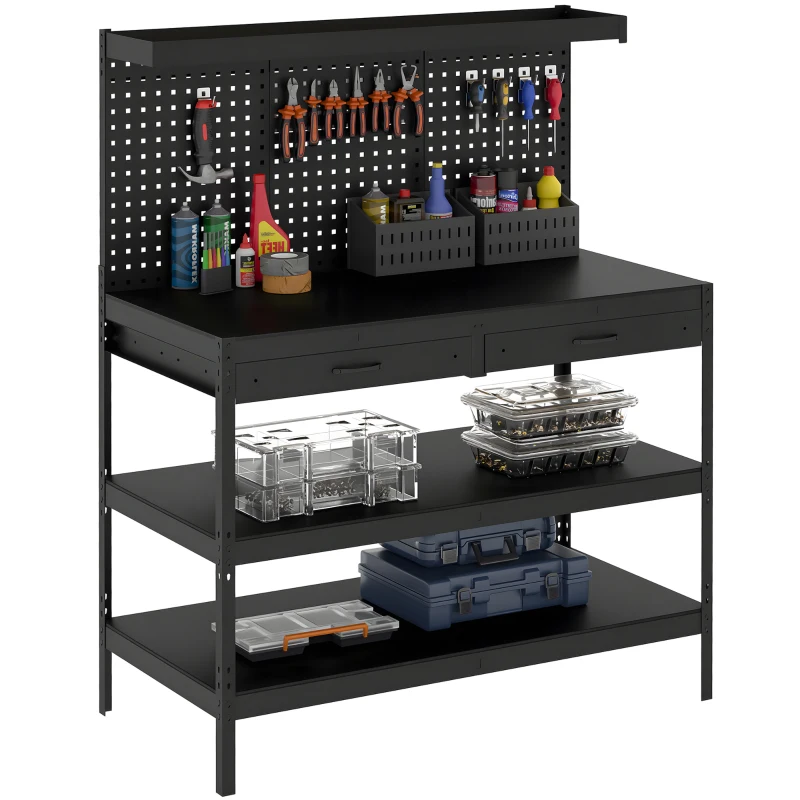 HOMCOM Werkbank mit verstellbaren Regalen, robuste Arbeitsstation mit Lochwand und 2 Schubladen, 122 x 61 x 156 cm, Schwarz