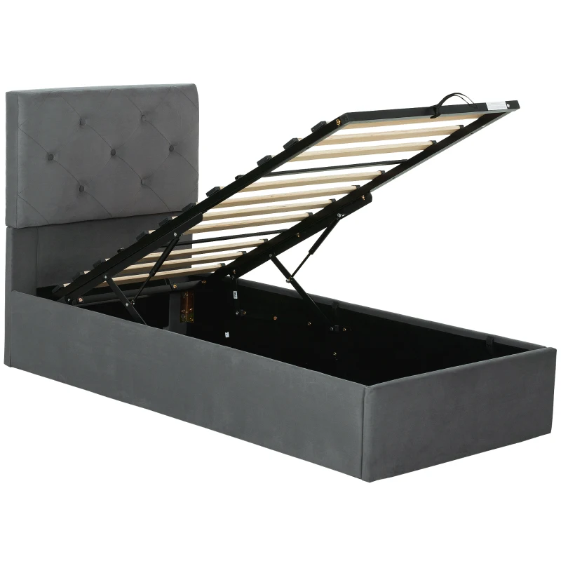 HOMCOM Single Bed Frame Gas Side Lift Under Bed Storage Upholstered Platform Bed Tufted Headboard for 90 x 190 cm Mattress