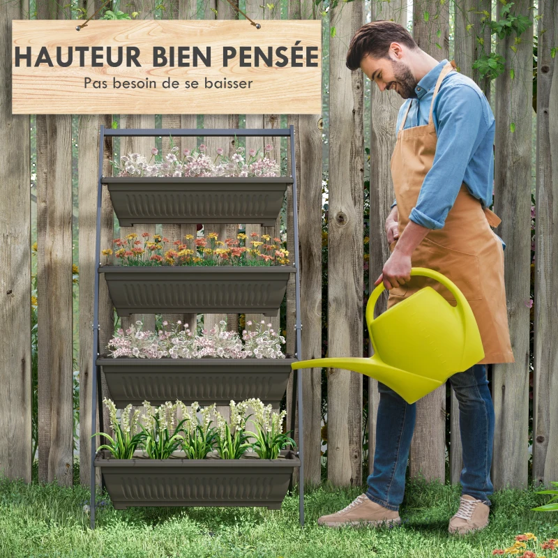 Outsunny Étagère à Fleurs en Acier 4 Niveaux, Support de Plantes Vertical avec 4 Bacs et Trous de Drainage, 76x79x162cm, Marron