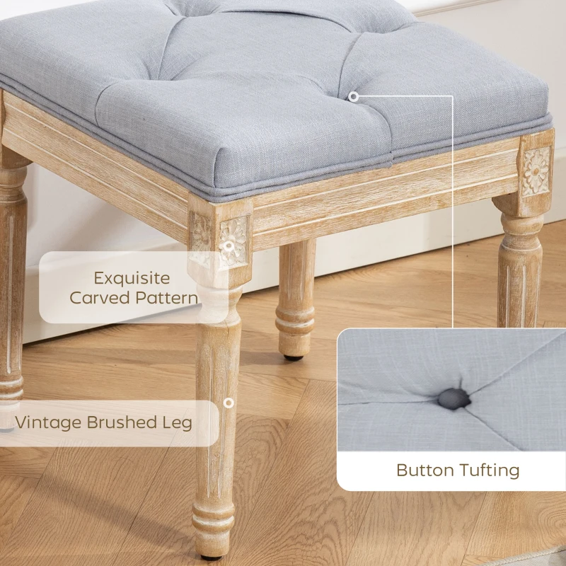 HOMCOM Vintage Foot Stool, Tufted Square Footrest with Wood Legs, Light Grey
