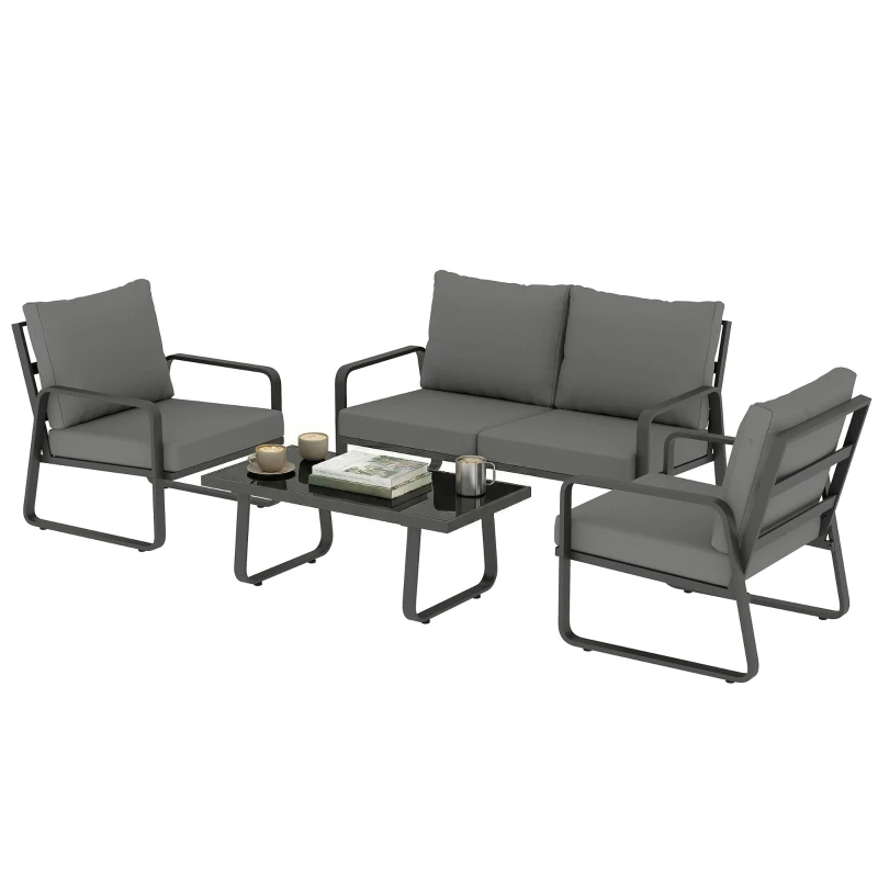 Outsunny 4 Piece Garden Furniture Set, Outdoor Sofa Set with Loveseat, 2 Armchairs, Coffee Table and Cushions