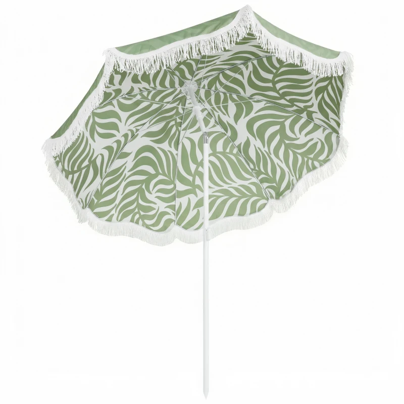 Outsunny Parasol de Plage à Franges Ø180 cm Hauteur Réglable Inclinaison Ancrage Sable et Housse de Transport UPF30+ Vert