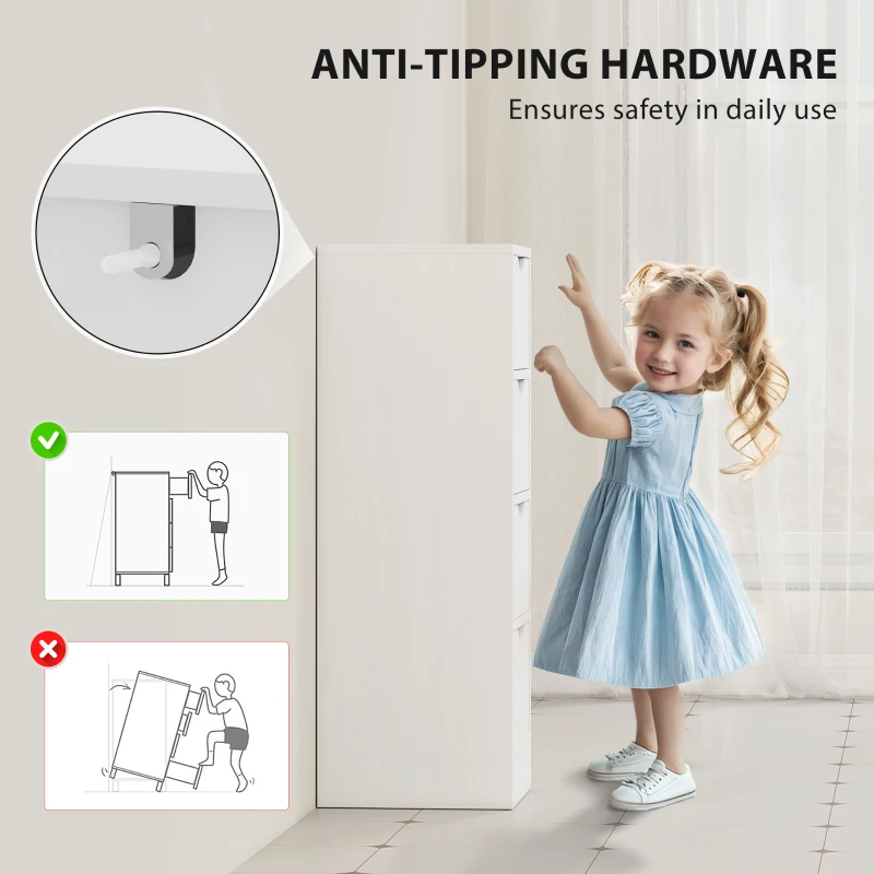 HOMCOM 4-Drawer Bathroom Cabinet, Freestanding Narrow Storage Cabinet with Groove Handles for Small Spaces, White