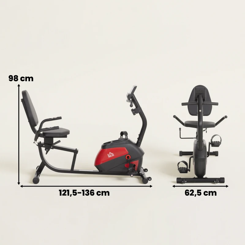 HOMCOM Bicicleta Estática com Encosto 8 Níveis de Resistência Magnética Volante Assento Ajustável Monitor LCD Pulsómetro Suporte de Telemóvel e Rodas Vermelho