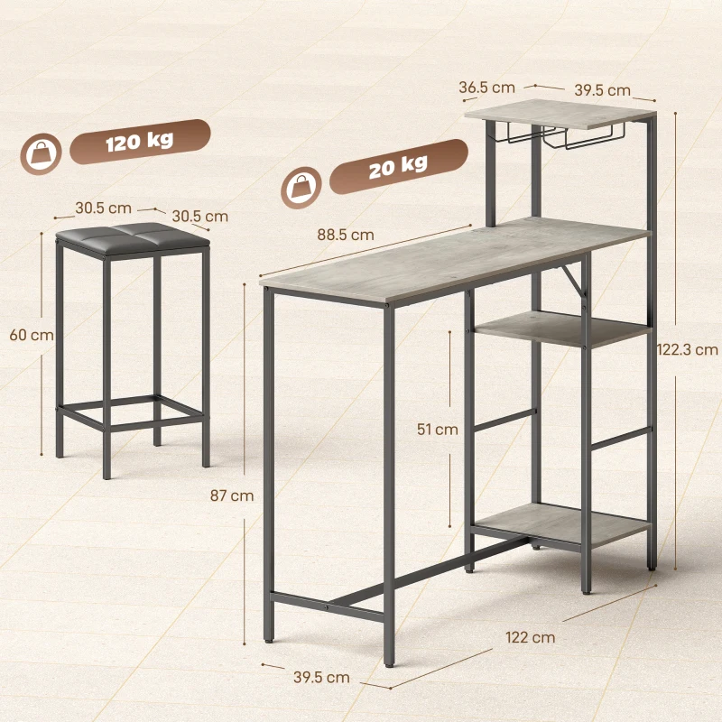 HOMCOM 3 Piece Breakfast Bar Table and Stools Set, Washed Grey