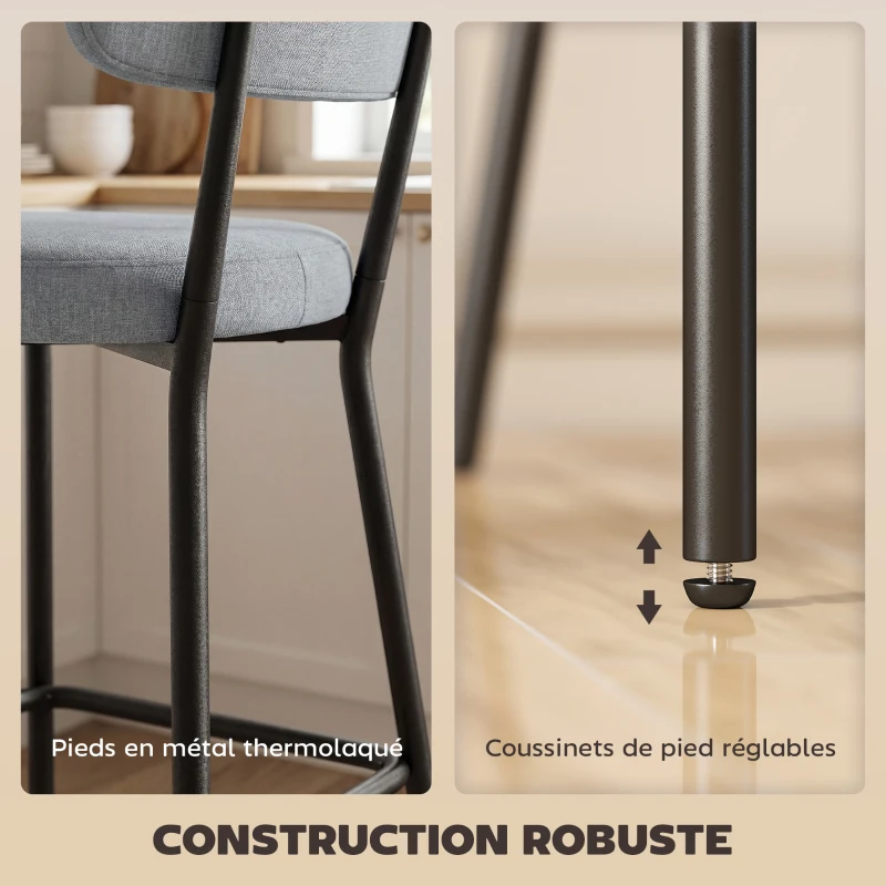 HOMCOM Lot de 2 tabourets de bar, chaises de bar, assise rembourrée, dossier courbé et repose-pieds, 49 x 53 x 93 cm, gris