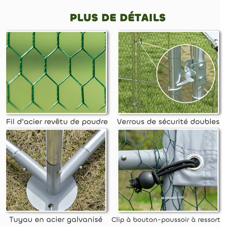 PawHut Enclos poulailler extérieur 4 m², parc grillagé - acier galvanisé Ø19mm - bâche Oxford 420D anti-UV 200x200x200cm argent