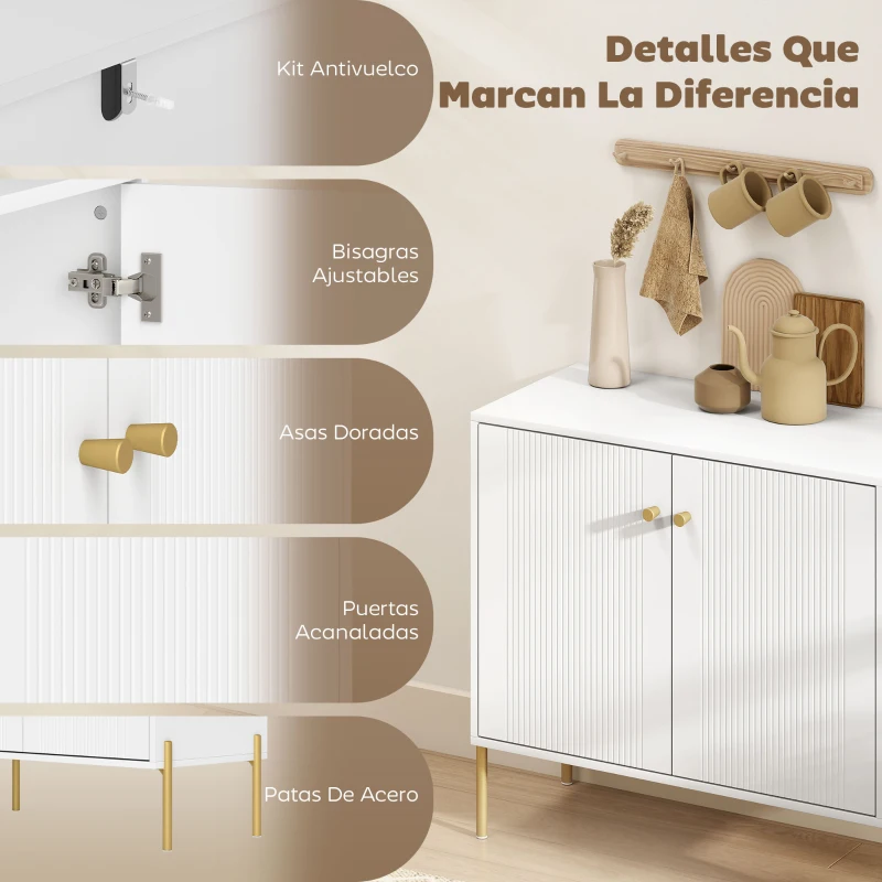 HOMCOM Aparador Moderno con 2 Puertas Estantes Ajustables Encimera con Efecto Mármol Patas de Acero Blanco 80x39,1x76 cm