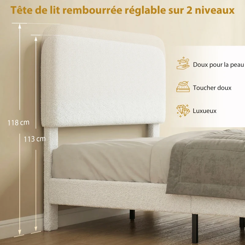 HOMCOM Cadre de Lit 140x190cm avec Sommier, Tête de Lit Réglable, Lit Double Rembourré en Velours Teddy, Lattes en Métal, Blanc