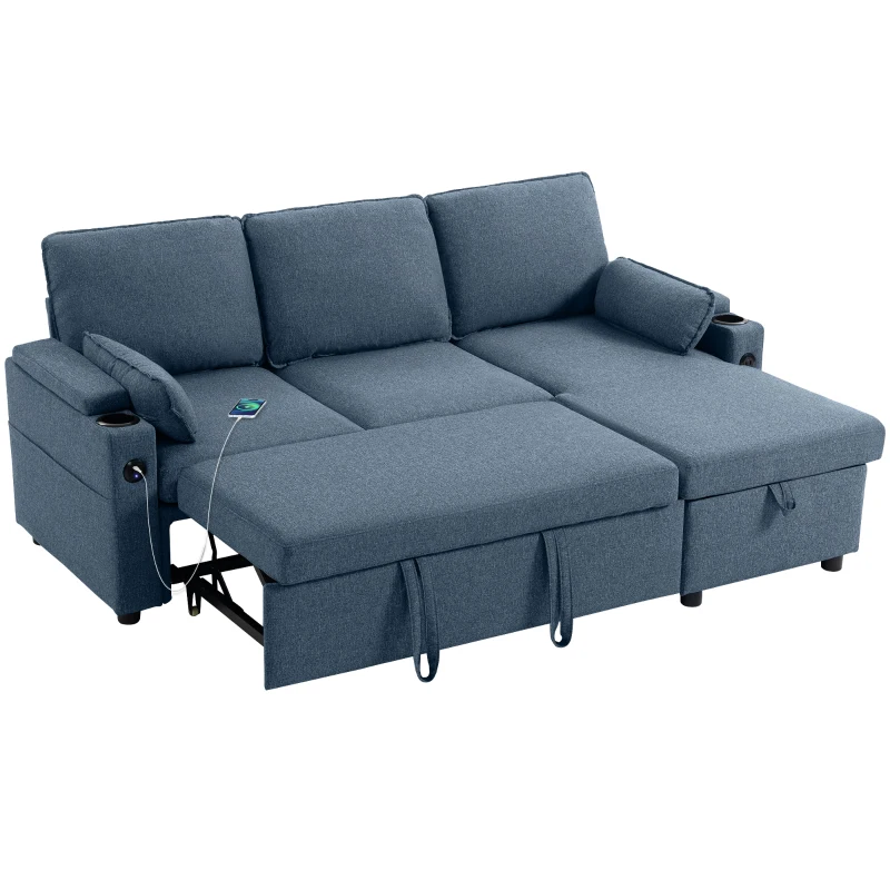 HOMCOM Corner Sofa Bed, L Shaped Sleeper Sectional Sofa with Reversible Storage Chaise, Blue