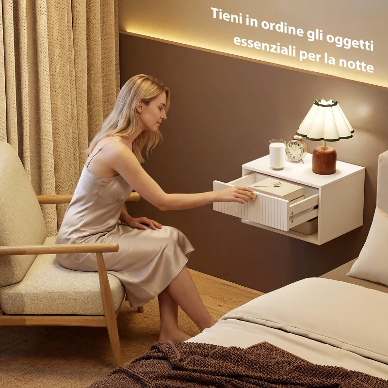 HOMCOM Set di 2 Comodini Sospesi con Cassetto Decorato e Mensola Aperta, Bianco