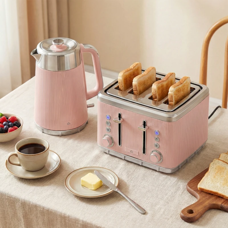 HOMCOM Electric Stainless Steel Kettle and Toaster Set, 3000W 1.7L UK Strix Thermostat Fast Boil Kettle Pink